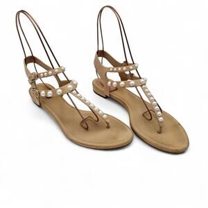Chanel CC Pearl Flat T Strap Thong Sandal Beige Tan Leather Size 39.5 C US 8.5 9